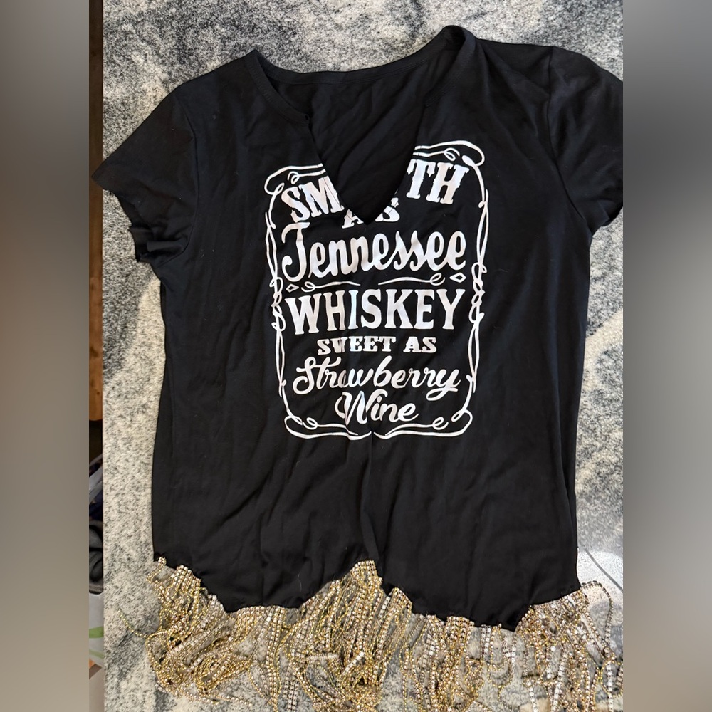 Whiskey Kiss Black Tee with Fringe and Graphic Print